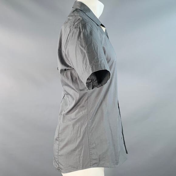 DRIES VAN NOTEN 38 Grey White Contrast Trim One Pocket Cotton Short Sleeve Shirt - Picture 2 of 5